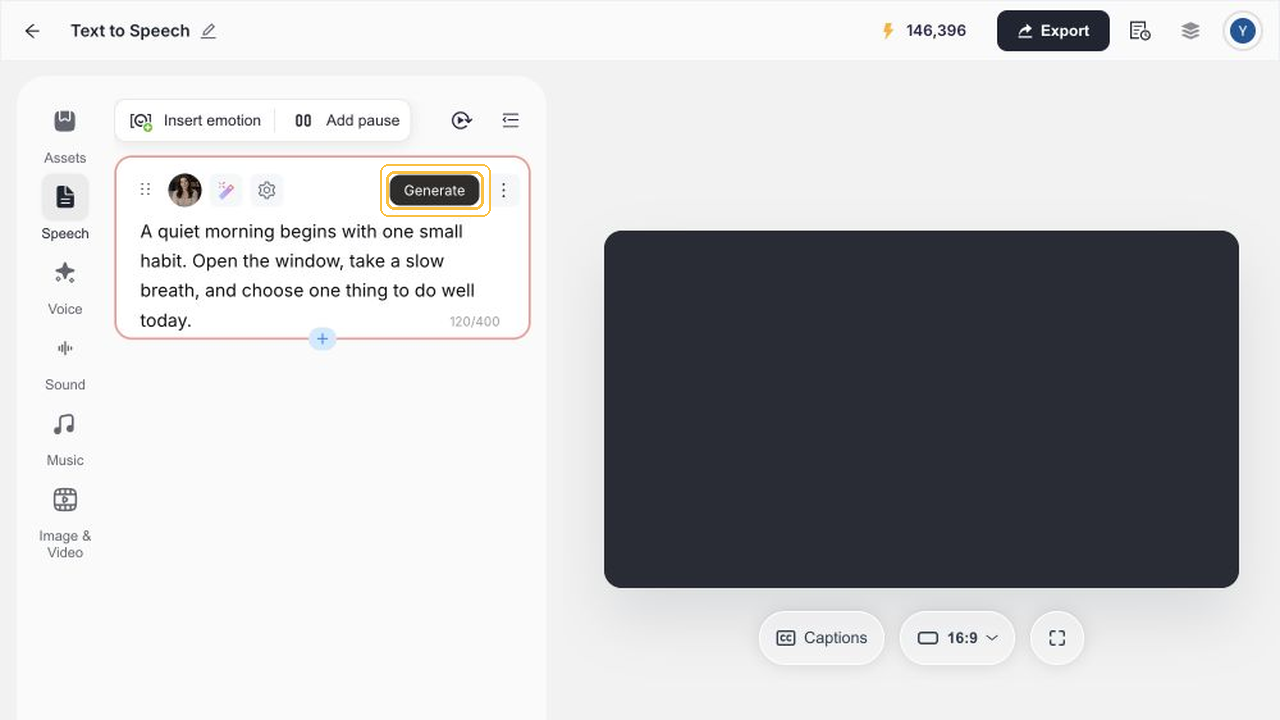 Generate speech for the selected text segment