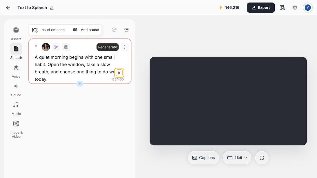 Play the generated speech and review the sample
