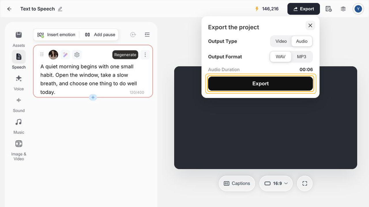 Choose WAV and export the generated speech