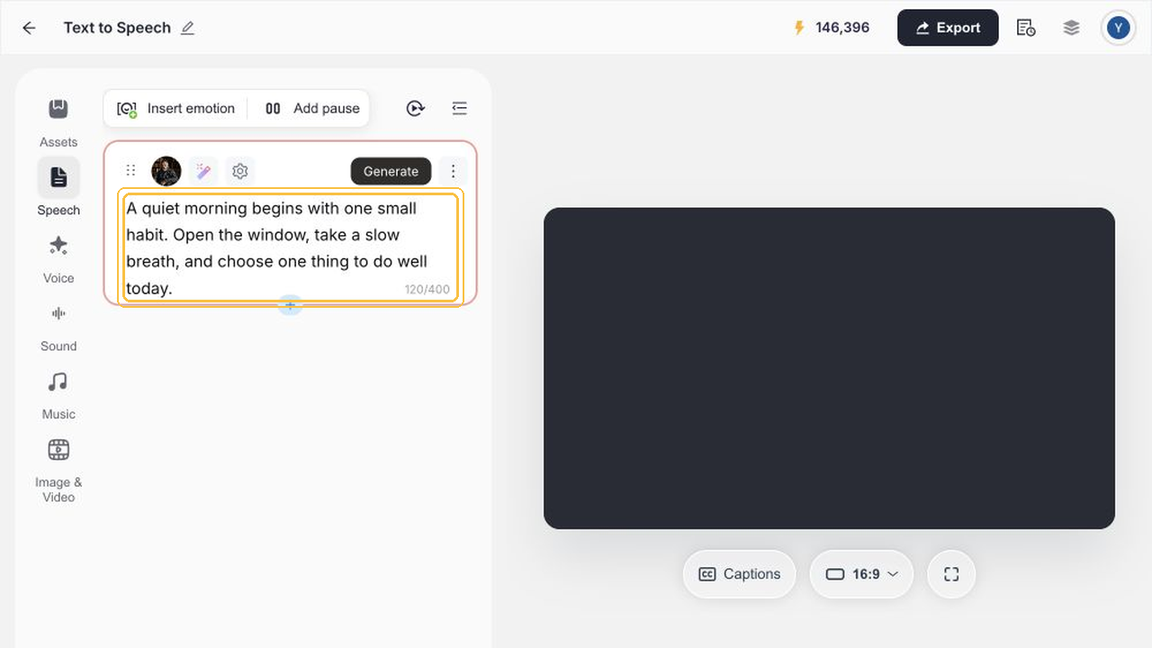 Add a speech segment and enter the English sample text